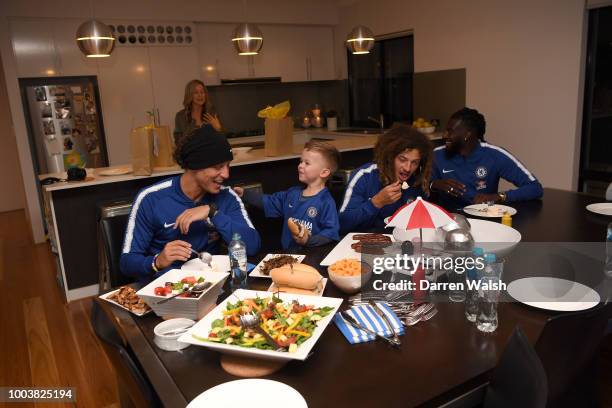 Chelsea's David Luiz, Tiemoue Bakayoko and Ethan Ampadu surprise young Chelsea fan Hudson McCarthy with a visit to his Perth home after receiving a...