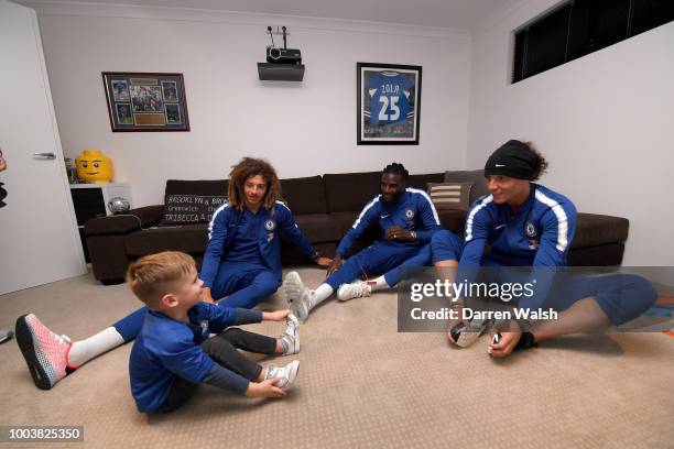 Chelsea's David Luiz, Tiemoue Bakayoko and Ethan Ampadu surprise young Chelsea fan Hudson McCarthy with a visit to his Perth home after receiving a...