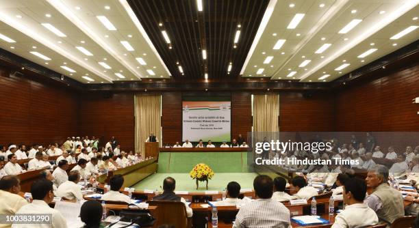 Chairperson Sonia Gandhi, Congress president Rahul Gandhi with former prime minister Manmohan Singh, Ghulam Nabi Azad and Mallikarjun Kharge during...