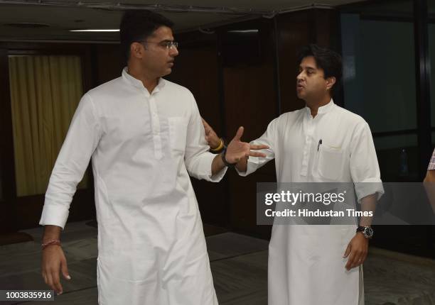 Congress leaders Sachin Pilot with Jyotiraditya Scindia during the Extended Congress Working Committee meeting at Parliament Annexe, on July 22, 2018...