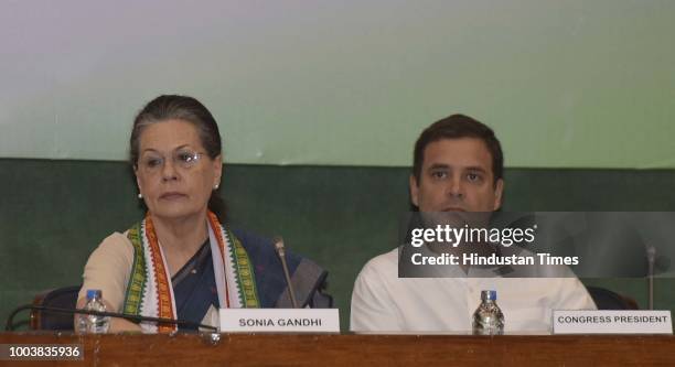 Chairperson Sonia Gandhi with Congress president Rahul Gandhi during the Extended Congress Working Committee meeting at Parliament Annexe, on July...