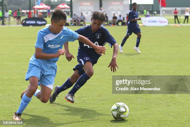 Caden Talentino ICC Futures All Stars North Carolina chases a loose ball in front of Khalon Hayman of Tottenham Hotspur FC during the International...