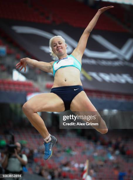 Melanie Bauschke of LAC Olympia 88 Berlin competes in the women's long jump final during day 3 of the German Athletics Championships at...