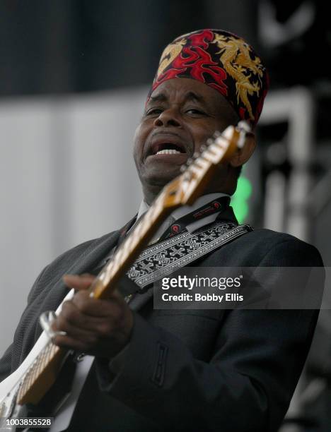 Lil' Ed, of Lil' Ed and the Blues Imperials, performs during the concert following the Rock "n" Roll Chicago Half Marathon and 10K on July 22, 2018...