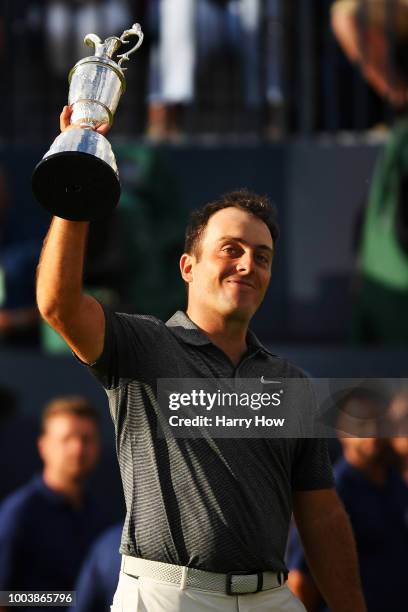 Francesco Molinari of Italy lifts the Claret Jug after winning the 147th Open Championship at Carnoustie Golf Club on July 22, 2018 in Carnoustie,...