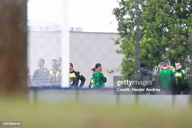 Coach Dunga and Brazilian players during a training session at Caju Training Center on May 24, 2010 in Curitiba, Brazil.
