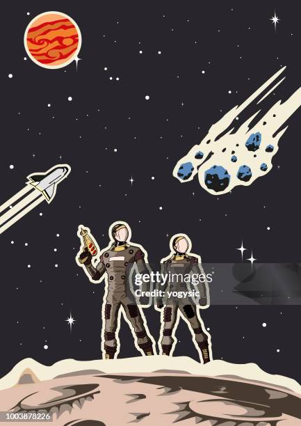 illustrations, cliparts, dessins animés et icônes de espace rétro astronaute couple affiche - espace texte