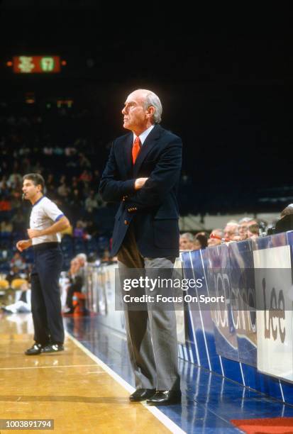 Head coach Jack Ramsay of the Indiana Pacers looks on against the Washington Bullets during an NBA basketball game circa 1986 at the Capital Centre...