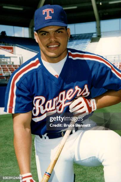 Catcher Ivan Rodriguez of the Texas Rangers poses for a portrait during MLB Spring Training circa March, 1993 at Charlotte Sports Park in Port...