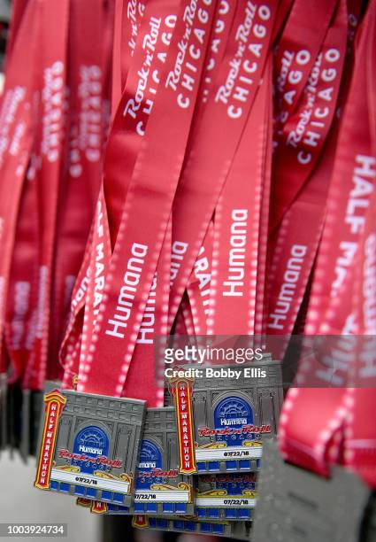 Medals hang on a rack before the start of the Rock "n" Roll Chicago Half Marathon on July 22, 2018 in Chicago, Illinois.
