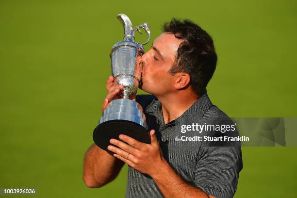 Francesco Molinari of Italy kisses the Claret Jug after winning the 147th Open Championship at Carnoustie Golf Club on July 22, 2018 in Carnoustie,...