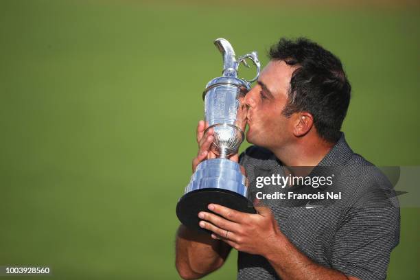 Francesco Molinari of Italy kisses the Claret Jug after winning the 147th Open Championship at Carnoustie Golf Club on July 22, 2018 in Carnoustie,...