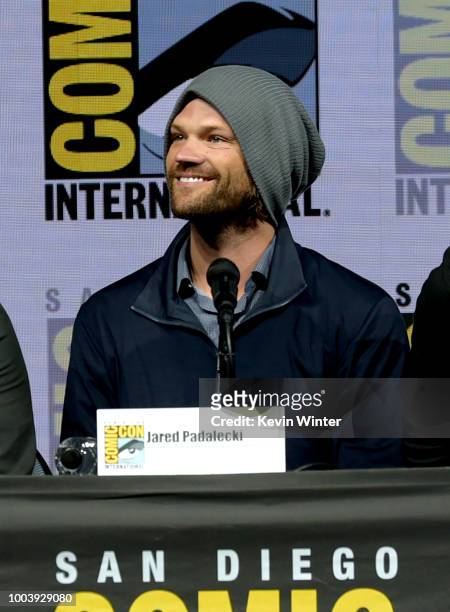 Jared Padalecki speaks onstage at the "Supernatural" special video presentation and Q&A during Comic-Con International 2018 at San Diego Convention...