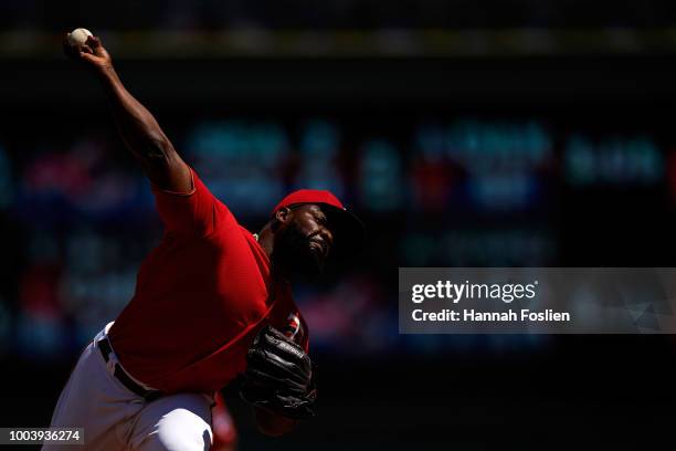 Fernando Rodney of the Minnesota Twins delivers a pitch against the Tampa Bay Rays during the game on July 15, 2018 at Target Field in Minneapolis,...