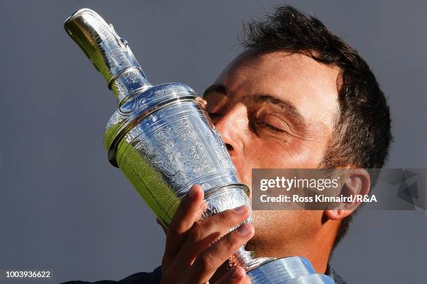 Francesco Molinari of Italy kisses the Claret Jug as Champion Golfer after winning the 147th Open Championship at Carnoustie Golf Club on July 22,...