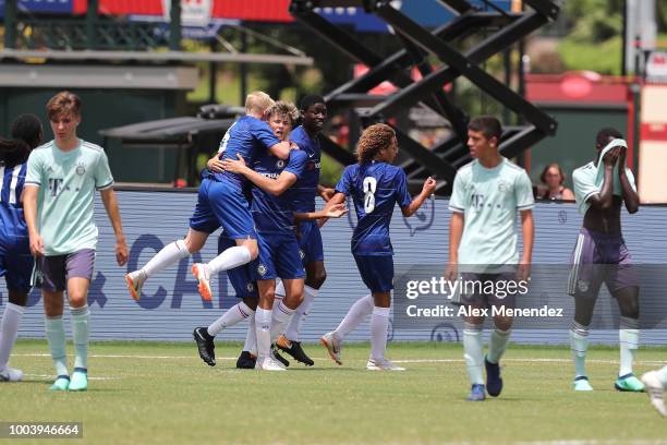 Chelsea FC players celebrate their goal against FC Bayern Munich during the International Champions Cup 2018 Futures Tournament at ESPN Wide World of...