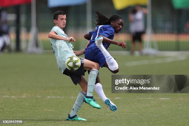 Moritz Hohmann of FC Bayern Munich and Silko Thomas of Chelsea FC play the ball during the International Champions Cup 2018 Futures Tournament at...