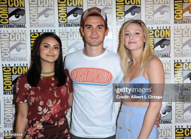 Camila Mendes, KJ Apa and Lili Reinhart attend the "Riverdale" special video presentation and Q&A during Comic-Con International 2018 at San Diego...