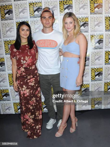 Camila Mendes, KJ Apa and Lili Reinhart attend the "Riverdale" special video presentation and Q&A during Comic-Con International 2018 at San Diego...