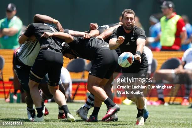 Kurt Baker of New Zealand passes the ball during their semi final match against Fiji on day three of the Rugby World Cup Sevens at AT&T Park on July...