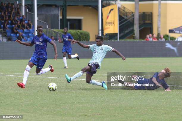 Amani Richards of Chelsea FC splits the FC Bayern Munich defenders during the International Champions Cup 2018 Futures Tournament at ESPN Wide World...