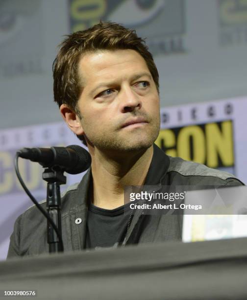 Misha Collins speaks onstage at the "Supernatural" special video presentation and Q&A during Comic-Con International 2018 at San Diego Convention...