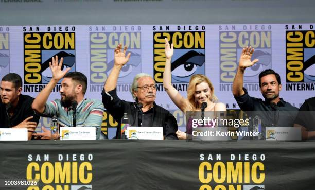 Pardo, Clayton Cardenas, Edward James Olmos, Sarah Bolger and Danny Pino speak onstage at the "Mayans M.C." discussion and Q&A during Comic-Con...