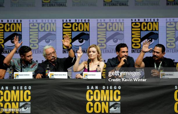 Clayton Cardenas, Edward James Olmos, Sarah Bolger, Danny Pino and Emilio Rivera speak onstage at the "Mayans M.C." discussion and Q&A during...