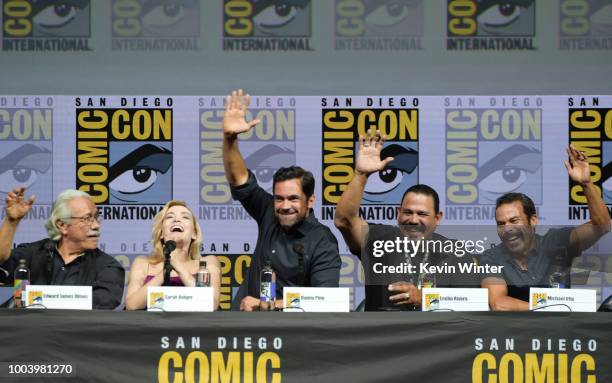 Edward James Olmos, Sarah Bolger Danny Pino, Emilio Rivera and Michael Irby speak onstage at the "Mayans M.C." discussion and Q&A during Comic-Con...