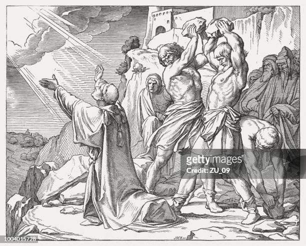 stoning of stephen (acts 7, 54-60), wood engraving, published 1890 - stehen stock illustrations