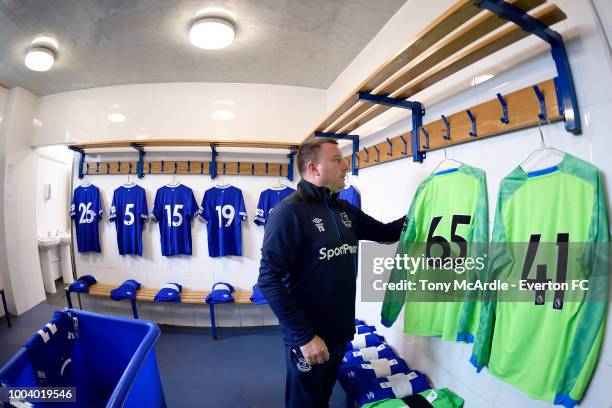 Everton Kit Manager Tony sage prepares the Everton dressing room before the Pre-Season friendly match between Bury and Everton at the Gigg Lane on...