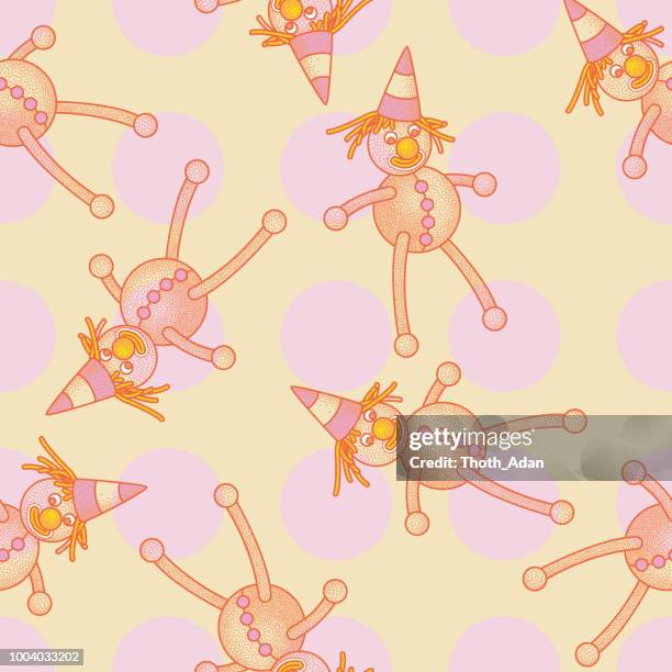 seamless pattern with orange rag dolls and pink polka dots - vintage clown dolls stock illustrations
