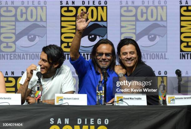 Richard Cabral, Raul Max Trujillo and Antonio Jaramillo speak onstage at the "Mayans M.C." discussion and Q&A during Comic-Con International 2018 at...