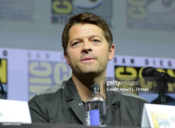 Misha Collins speaks onstage at the "Supernatural" special video presentation and Q&A during Comic-Con International 2018 at San Diego Convention...