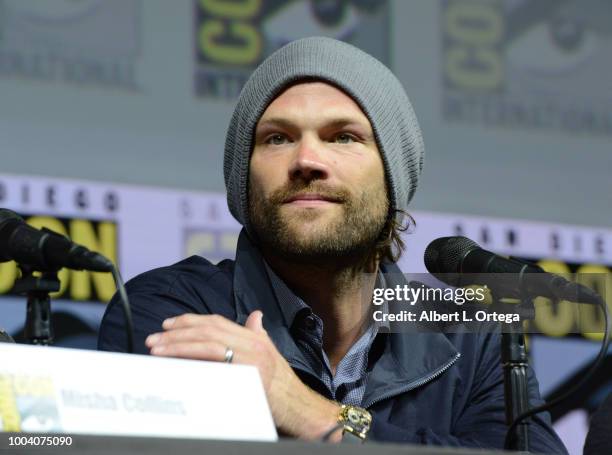 Jared Padalecki speaks onstage at the "Supernatural" special video presentation and Q&A during Comic-Con International 2018 at San Diego Convention...