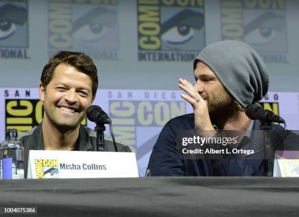 Misha Collins and Jared Padalecki speak onstage at the "Supernatural" special video presentation and Q&A during Comic-Con International 2018 at San...