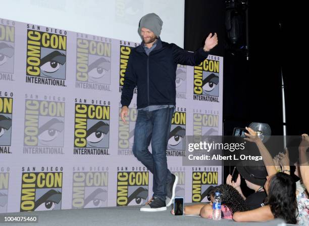 Jared Padalecki speaks onstage at the "Supernatural" special video presentation and Q&A during Comic-Con International 2018 at San Diego Convention...