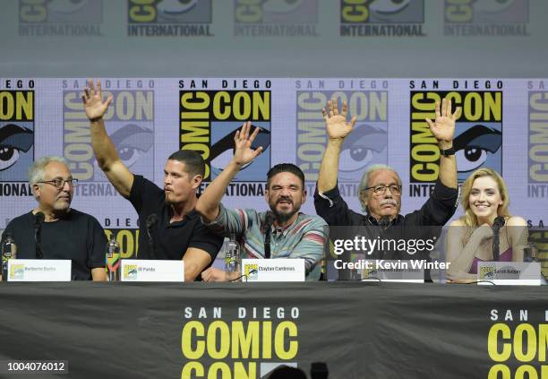 Norberto Barba, J.D. Pardo, Clayton Cardenas, Edward James OlmosSarah Bolger speak onstage at the "Mayans M.C." discussion and Q&A during Comic-Con...