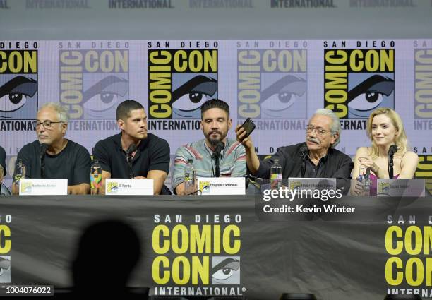 Norberto Barba, J.D. Pardo, Clayton Cardenas, Edward James OlmosSarah Bolger speak onstage at the "Mayans M.C." discussion and Q&A during Comic-Con...