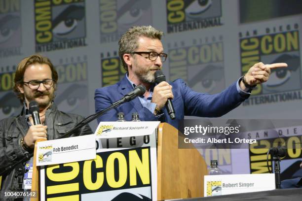 Richard Speight Jr. And Rob Benedict speak onstage at the "Supernatural" special video presentation and Q&A during Comic-Con International 2018 at...