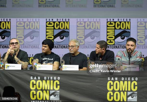 Kurt Sutter, Elgin James, Norberto Barba, J.D. Pardo and Clayton Cardenas speak onstage at the "Mayans M.C." discussion and Q&A during Comic-Con...