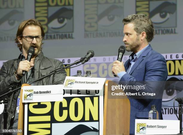 Richard Speight Jr. And Rob Benedict speak onstage at the "Supernatural" special video presentation and Q&A during Comic-Con International 2018 at...