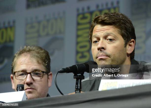 Andrew Dabb and Misha Collins speak onstage at the "Supernatural" special video presentation and Q&A during Comic-Con International 2018 at San Diego...