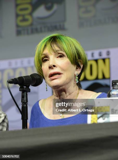 Eugenie Ross-Leming speaks onstage at the "Supernatural" special video presentation and Q&A during Comic-Con International 2018 at San Diego...