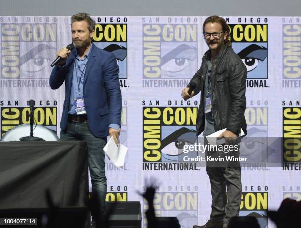 Rob Benedict and Richard Speight Jr. Speak onstage at the "Supernatural" special video presentation and Q&A during Comic-Con International 2018 at...