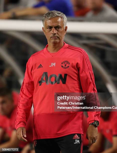 Manager Jose Mourinho of Manchester United during the International Champions Cup game against Club America at the University of Phoenix Stadium on...