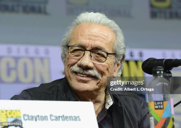 Edward James Olmos speaks onstage at the "Mayans M.C." discussion and Q&A during Comic-Con International 2018 at San Diego Convention Center on July...