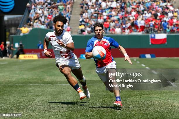 Max Denmark of Hong Kong and Benjamin De Vidts of Chile chase the ball during the bowl final match on day three of the Rugby World Cup Sevens at AT&T...