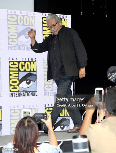Edward James Olmos walks onstage at the "Mayans M.C." discussion and Q&A during Comic-Con International 2018 at San Diego Convention Center on July...