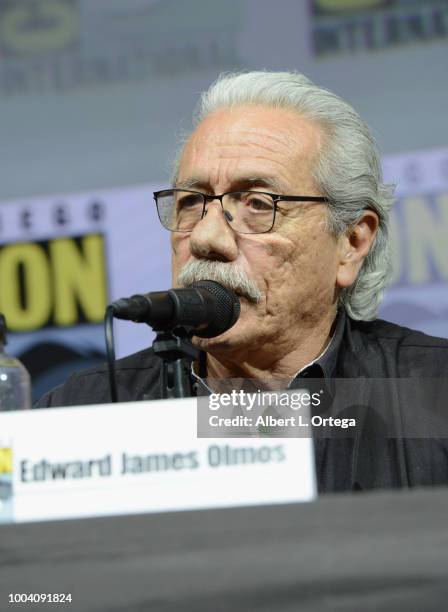 Edward James Olmos speaks onstage at the "Mayans M.C." discussion and Q&A during Comic-Con International 2018 at San Diego Convention Center on July...